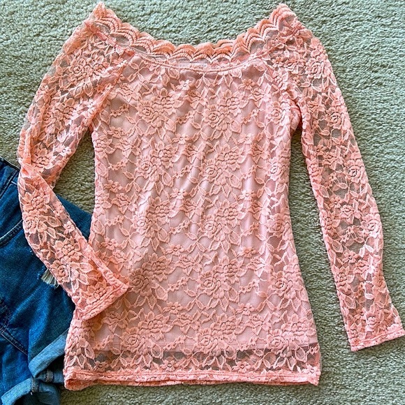 Peach Long Sleeve Lace Top - Picture 5 of 9